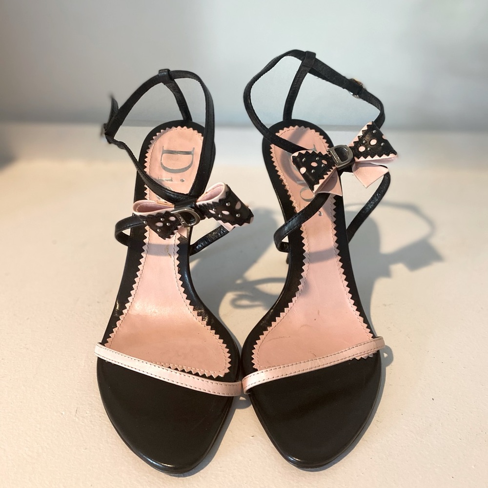 Dior black and pink leather ankle strap heels